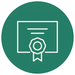 A green circular icon of a diploma or certificate.