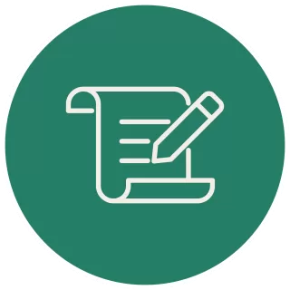 A green circular icon of a pencil writing on a piece of paper.