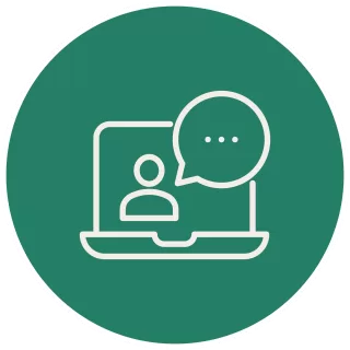 A green circular icon of a laptop with a video call.