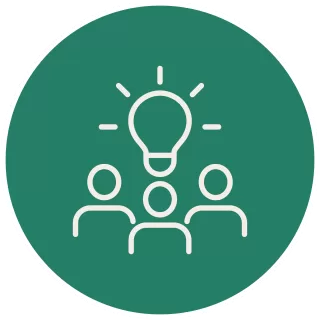 A green circular icon of three people and a lightbulb.